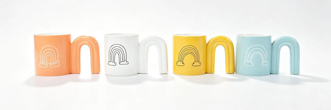 4 Pack 3D Arch Rainbow Handle Ceramic Mugs, Pastel Solid Color Line Rainbow Print Coffee Cups, Cute Minimalist Rainbow Tea Mug Set for Home Decor & Women Gift