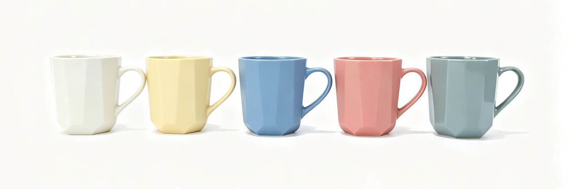5 Pack Faceted Octagonal Pastel Ceramic Mugs, Multi-Solid Color Geometric Cut Side Coffee Cup Set, Macaron Monochrome Matching Handle Tea Mugs for Modern Kitchen Decor & Family Gift