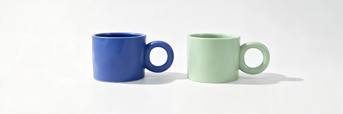 2 Pack Chunky Big Ring Handle Ceramic Mugs, Solid Gloss Cobalt Blue & Sage Green Short Wide Body Coffee Cups, Modern Minimalist Bubble Loop Tea Mug Set for Aesthetic Home Decor & Couple Gift