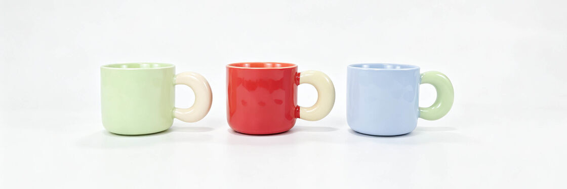 3 Pack Two-Tone Chunky Big Bubble Handle Ceramic Mugs, Short Wide Pastel Solid Color Coffee Cups, Cute Contrast Round Loop Tea Mug Set for Kawaii Desk Decor & Couple Gift