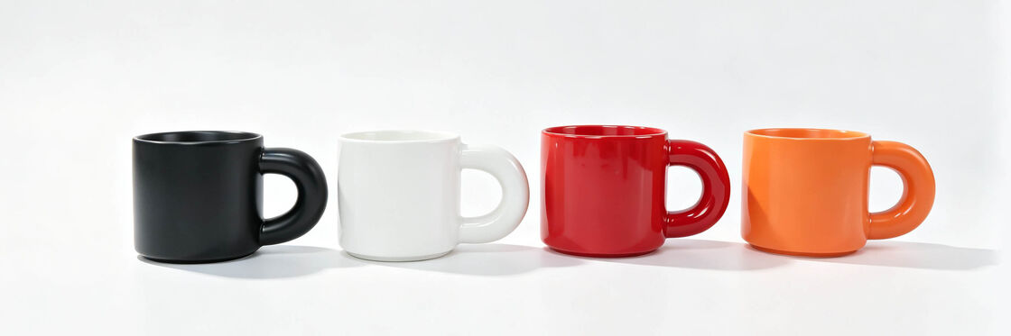 4 Pack Chunky Big Ring Handle Solid Color Ceramic Mugs, Short Wide Monochrome Gloss Coffee Cups, Modern Minimalist Bubble Loop Tea Mug Set for Home Decor & Family Gift