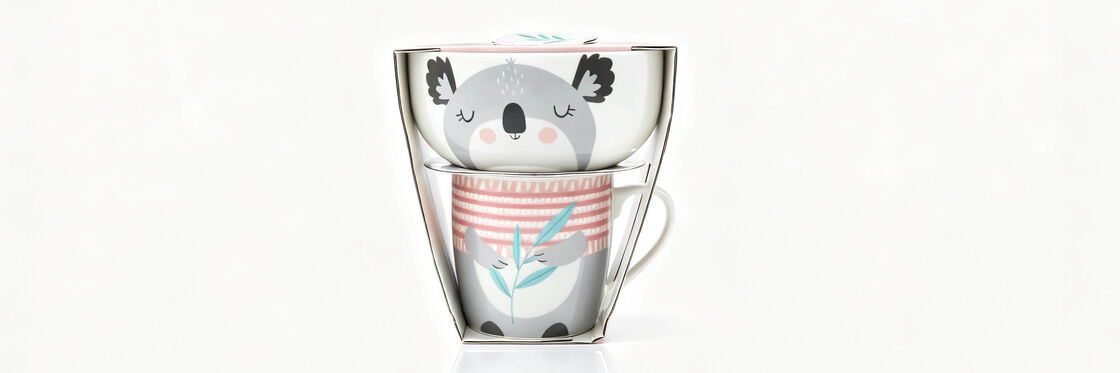 Koala Cartoon Ceramic Mug & Bowl Gift Set with Display Sleeve, Cute Animal Eucalyptus Print Breakfast Combo, Ready-to-Gift Kids Tableware Set for Baby Shower & Girl Birthday