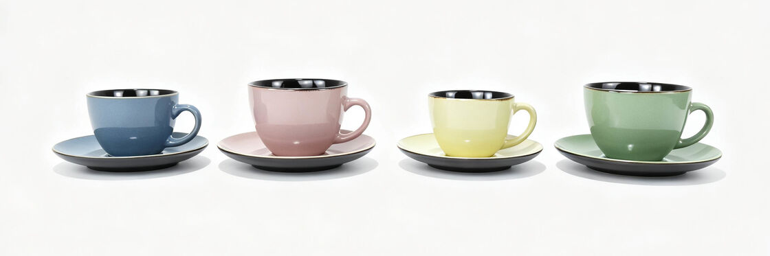 4 Pack Two-Tone Pastel Ceramic Tea Cup & Saucer Sets, Black Interior Contrast Glaze Wide Belly Coffee Mugs, Macaron Color Matching Plate Latte Cup Combo for Afternoon Tea & Housewarming Gift