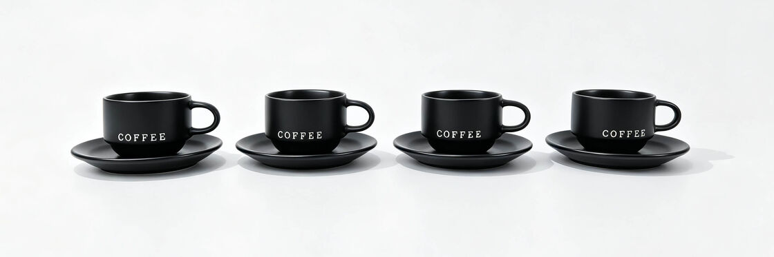 4 Pack Matte Black COFFEE Letter Ceramic Cup & Saucer Sets, Short Wide Belly Espresso Latte Mugs, Minimalist Monochrome Coffee Tableware Combo for Café & Modern Home Gift