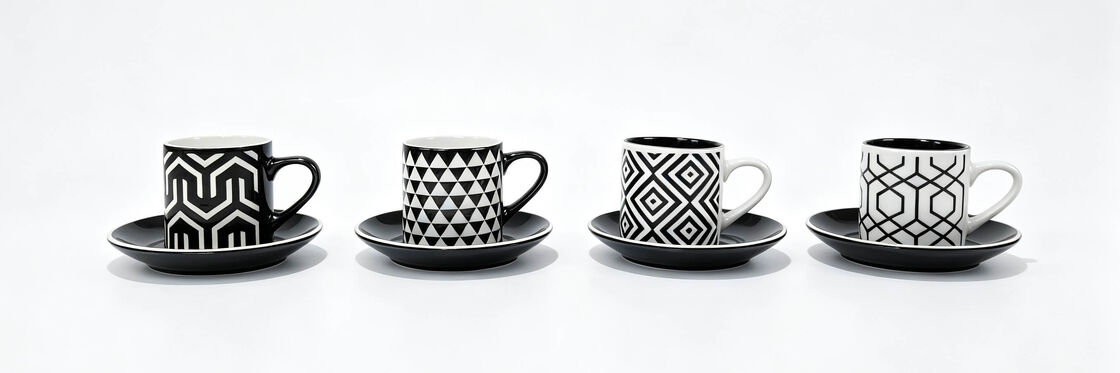 4 Pack Black & White Geometric Pattern Ceramic Cup & Saucer Sets, Modern Abstract Graphic Coffee Mugs, Contrast Interior Latte Tea Mug Combo for Minimalist Home & Housewarming Gift