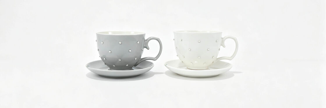 2 Pack Embossed Dot Ceramic Tea Cup & Saucer Sets, Heart Shaped Handle Polka Dot Latte Mugs, Light Gray & White Vintage Raised Dot Tableware for Bridal Shower & Couple Gift