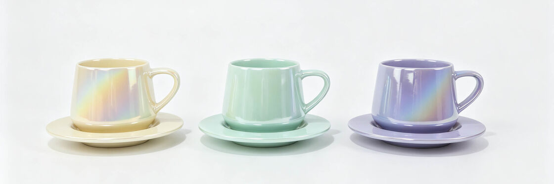 3 Styles Pastel Ceramic Cup & Saucer Sets, Solid Matte / Pearl Iridescent Gloss / Deep Matte Contrast Color Latte Mugs, Tapered Small Belly Coffee Tea Cup Combo for Gift & Kitchen Decor