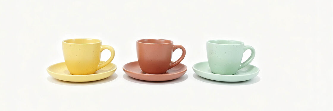 3 Pack Speckled Pastel Ceramic Cup & Saucer Sets, Short Tapered Belly Coffee Mugs, Matte Speckle Solid Color Latte Tea Cup Combo for Kitchen & Housewarming Gift