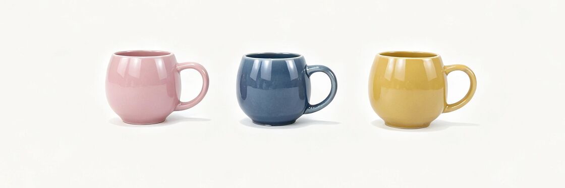 Glossy Bulbous Round Belly Solid Color Ceramic Mugs, 3 Pastel Color Set