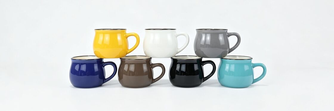 Bulbous Belly Ceramic Mugs with Thin Black Rim, 7 Vibrant Color Assortment Set