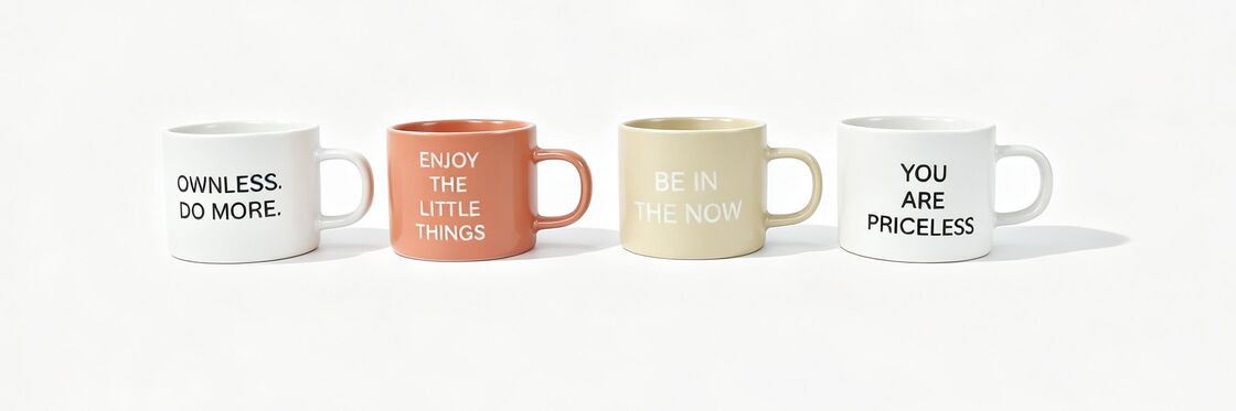Minimalist Positive Quote Short Ceramic Mugs 4-Piece Neutral Tone Set
