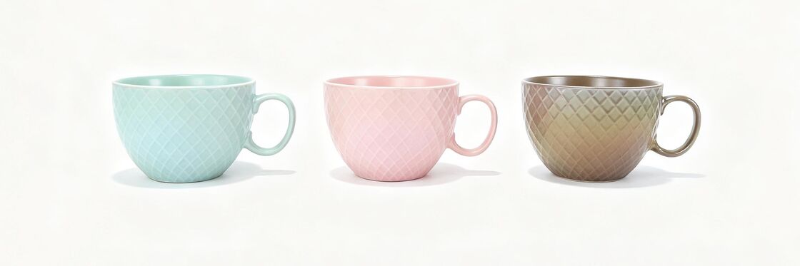 3D Embossed Diamond Lattice Large Capacity Ceramic Soup Mugs 3 Pastel Color Set