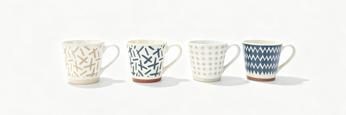 Boho Geometric Print Taper Ceramic Coffee Mugs, Neutral Hand Drawn Pattern Handle Tea Cups
