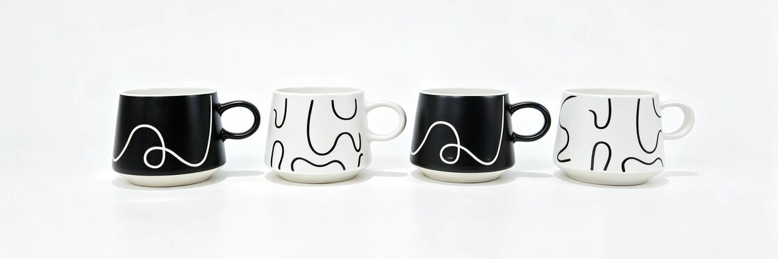 Minimalist Abstract Line Art Ceramic Mugs, Black White Wide Belly Round Handle Coffee Cups