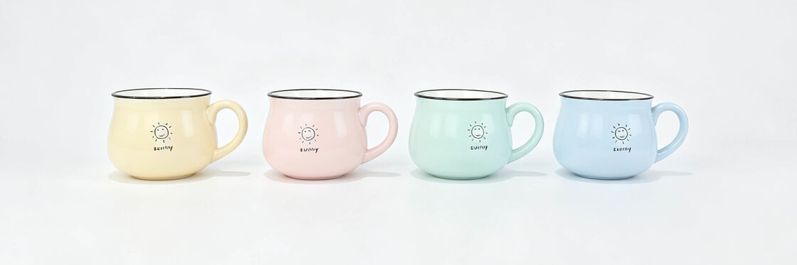 Cute Pastel Sunny Face Wide Belly Ceramic Mugs, Black Rim Hand Drawn Smile Sun Handle Tea Cups