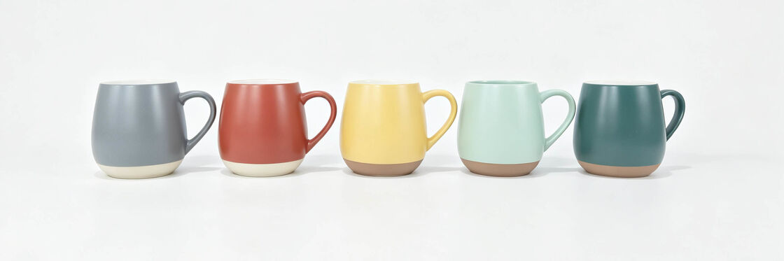 Two-Tone Matte Bulbous Ceramic Coffee Mugs, Color Matching Handle Large Belly Solid Tea Cups