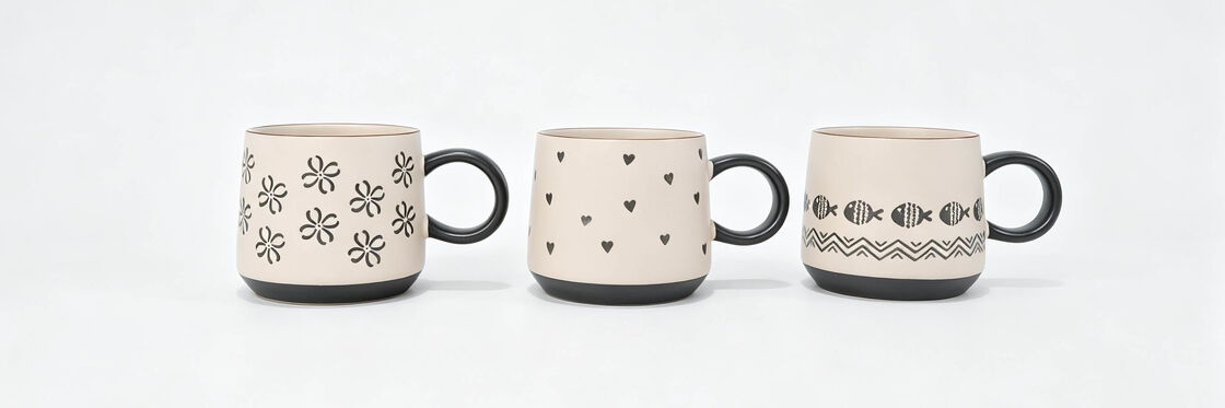 Cute Hand Drawn Pattern Wide Belly Ceramic Mugs, Black White Floral Heart Fish Round Handle Tea Cups