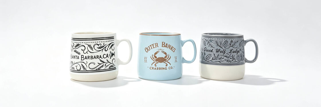 Vintage Location Themed Wide Belly Ceramic Mugs, Coastal Mountain Lodge Graphic Printed Handle Coffee Tea Cups