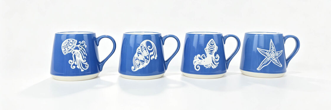 Coastal Sea Creature Tapered Ceramic Mugs, Deep Blue White Jellyfish Conch Octopus Starfish Handle Tea Cups