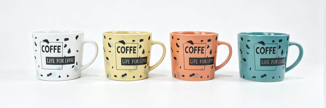 Terrazzo Speckle "Life For Coffee" Straight Ceramic Coffee Mugs, 4 Pastel Color Matching Handle Tea Cups