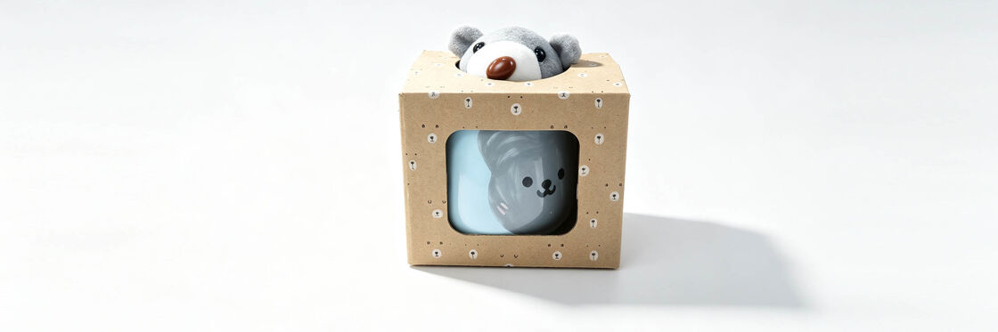 Cute 3D Bear Face Ceramic Mug Gift Set with Matching Plush Bear Doll, Kraft Window Box Packed Coffee Tea Cup Gift Kit