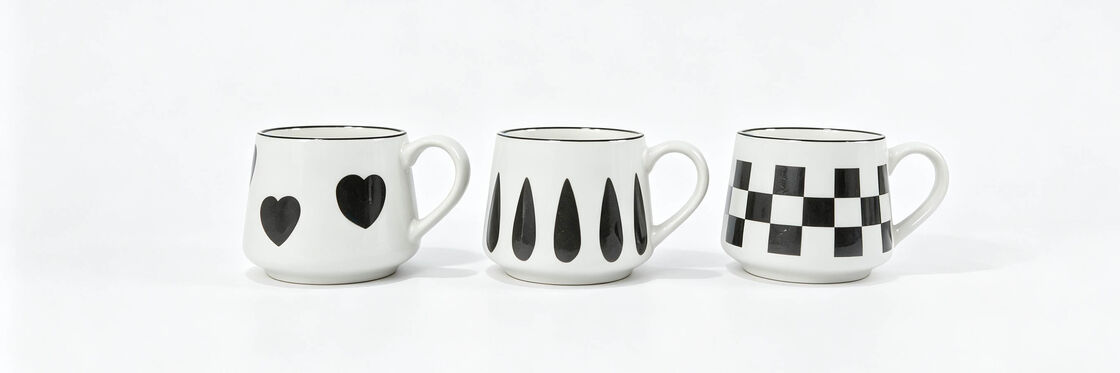 Minimalist Black Graphic Wide Belly White Ceramic Mugs, Heart Teardrop Checkerboard Print Coffee Tea Cups
