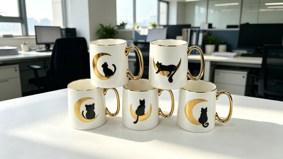 Elegant Golden Crescent Moon & Black Cat Ceramic Coffee Mug with Gold Handle