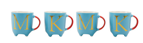 Color Block Gold Monogram Ceramic Mug, Light Blue Three-Legged Base Initial Letter Coffee Cup with Red Handle