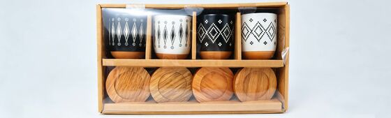 oho Ethnic Geometric Ceramic Cup Set with Natural Wooden Coasters, 4 Pack Two-Tone Terracotta Base Coffee Cup Gift Box