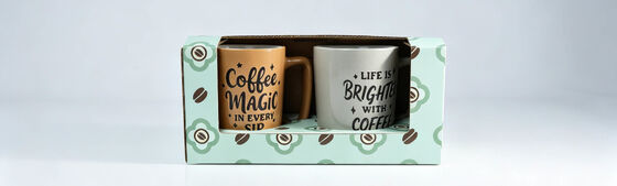 Couple Inspirational Coffee Phrase Ceramic Mug Gift Set, Retro Brown & Off-White Pair Mugs with Themed Gift Box