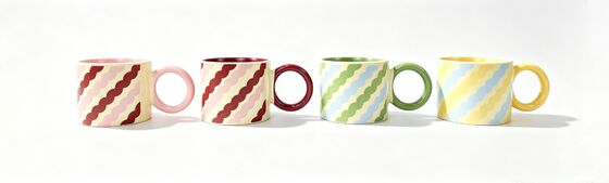 Pastel Diagonal Wavy Stripe Big Round Handle Short Ceramic Mug Set