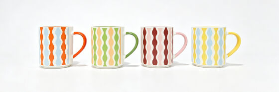 Retro Wavy Vertical Stripe Color Matching Handle Short Cylinder Ceramic Mug Set