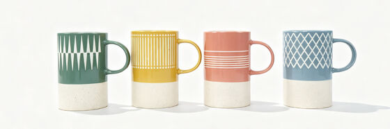 Geometric Pattern Speckled Ceramic Mugs Set, Two-Tone Hand Painted Coffee Tea Mugs with Matching Handle