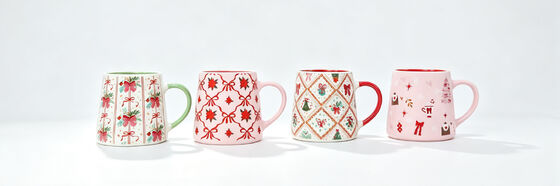 4 Pack Soft Pink Red Bow Christmas Mugs, Pastel Floral Diamond Pattern Ceramic Coffee Cups Holiday Gift Set Full Product Description