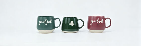 3 Pack Nordic God Jul Christmas Mugs, Scandinavian Merry Christmas Ceramic Coffee Cups, Forest Green & Burgundy Holiday Gift Set