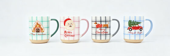 4 Pack Double-Sided Pastel Plaid Christmas Mugs, Gingerbread Santa Dachshund Red Truck Xmas Coffee Cups, Holiday Gift Set