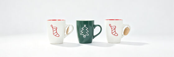 3 Pack Embossed Christmas Stocking Tree Ceramic Mugs, Red Rim Holiday Coffee Cups, Traditional Xmas Gift Mugs with Kraft Hang Tags