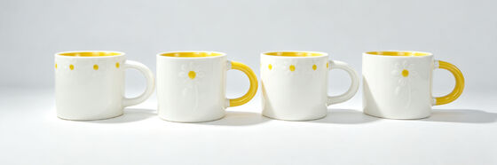 White & Yellow Two-Tone Embossed Daisy Coffee Mugs, Matte Relief Floral Tea Cups, Bright Yellow Interior & Handle Cute Daisy Mugs, Spring Floral Drinkware Gift Set for Home Kitchen