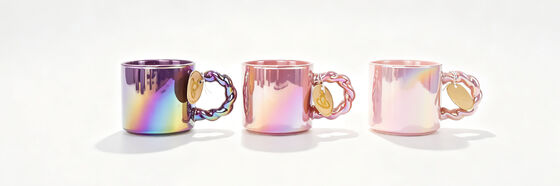 Rainbow Metallic Iridescent Ceramic Mugs, Unique Braided Twist Chain Handle Coffee Cups, Shiny Electroplated Color Changing Mugs, Luxury Aesthetic Decorative Tea Mugs with Gold Tag Product Overview