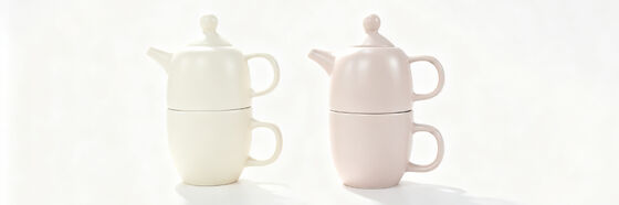 2 Sets Stackable Ceramic Teapot & Mug Combo, Minimalist Matte Cream White Blush Pink One Person Tea Cup Set, Modern Simple Porcelain Tea Maker Gift for Home Office